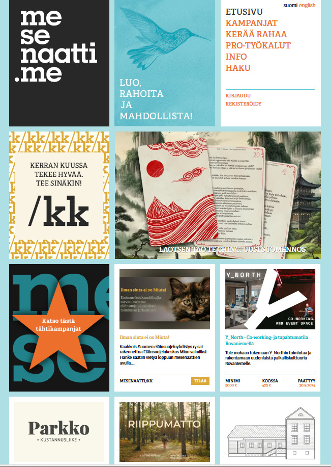 Kuvakaappaus Mesenaatti.me-joukkorahoituspalvelun etusivuilta. Sivulla näkyy joidenkin joukkorahoituskampanjoiden perustiedot. 