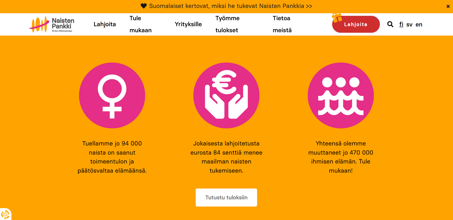 Kuvakaappaus Naisten Pankin verkkosivuilta. Kuvassa kerrotaan lyhyesti Naisten Pankin toiminnan tuloksista.
