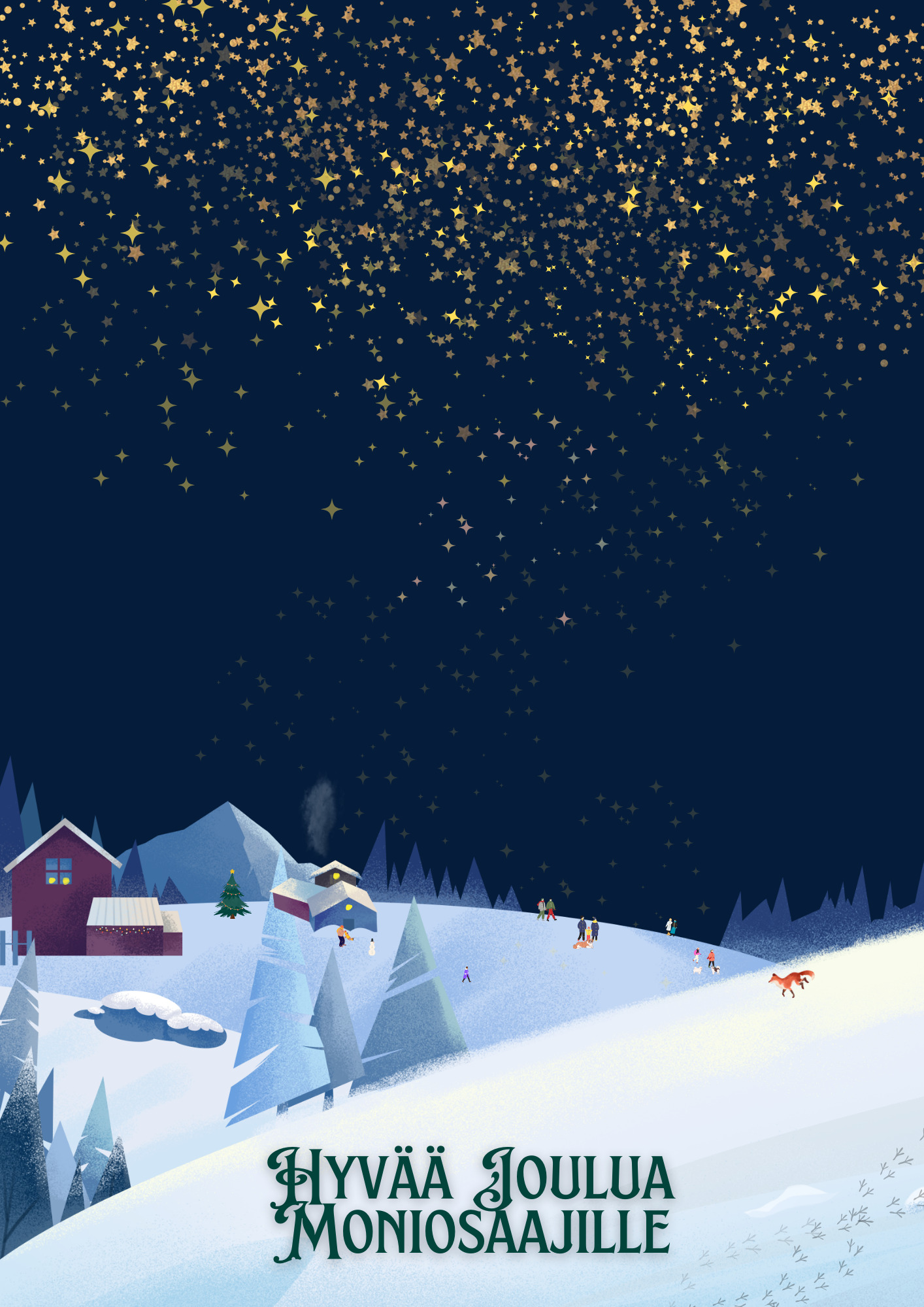 Kuvassa on moderni, maalaustyylinen postikorttimaisema talvisesta yöstä. Kuvassa näkyy kaksi lumista kukkulaa. Etummaisella kukkulalla juoksee kettu, ja lumessa näkyy linnun jalanjälkiä. Taaemman kukkulan päällä on puutaloja, joiden ikkunoista kajastaa valoa. Pihapiirissä on koristeltu joulukuusi ja lumiukko. Aikuinen leikkii lapsen kanssa pihalla. Kukkulalla kävelee ihmisiä ja koiria. Tähtitaivas on kirkas. Kuva on sinisävyinen. 
