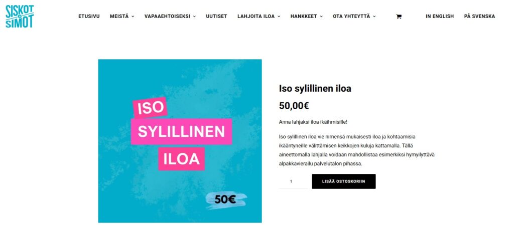 Keskellä teksti: Iso sylillinen iloa vie nimensä mukaisesti iloa ja kohtaamisia ikääntyneille välittämisen keikkojen kuluja kattamalla. Tällä aineettomalla lahjalla voidaan mahdollistaa esimerkiksi hymyilyttävä alpakkavierailu palvelutalon pihassa.