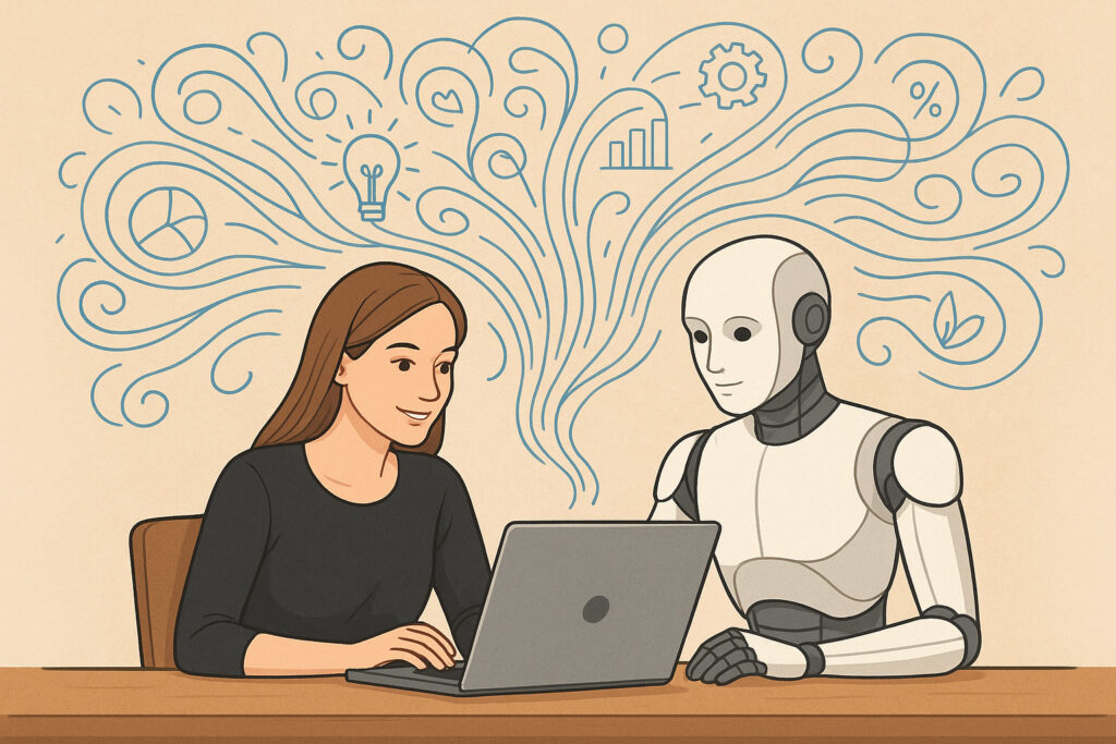 Ihmishahmo ja robotilta näyttävä tekoäly istuvat pöydän ääressä ja työskentelevät kannettavalla tietokoneella. Taustalla on heidän ajatusten virtaansa kuvioin.