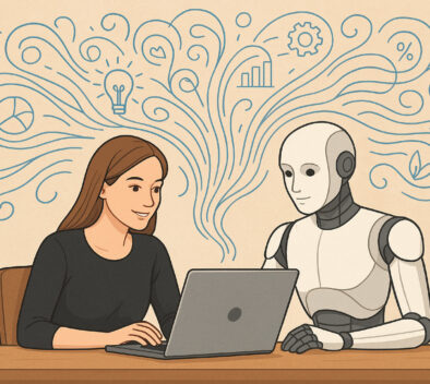 Ihmishahmo ja robotilta näyttävä tekoäly istuvat pöydän ääressä ja työskentelevät kannettavalla tietokoneella. Taustalla on heidän ajatusten virtaansa kuvioin.