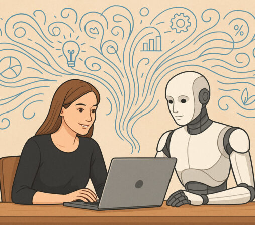 Ihmishahmo ja robotilta näyttävä tekoäly istuvat pöydän ääressä ja työskentelevät kannettavalla tietokoneella. Taustalla on heidän ajatusten virtaansa kuvioin.