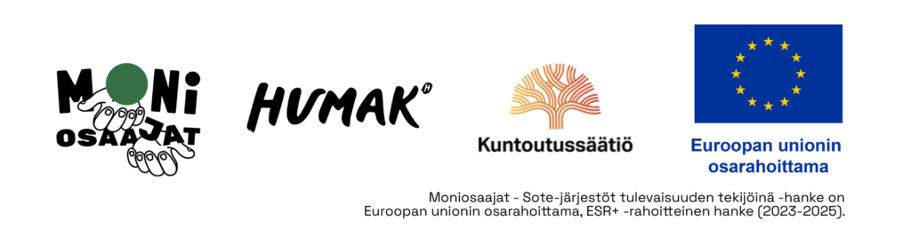 Kuvassa seuraavat logot: Moniosaajat, Humak, Kuntoutussäätiö ja Euroopan unionin osarahoittama.